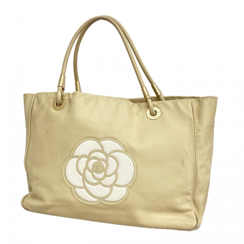 CHANEL Cream Lambskin Leather Tote Bag